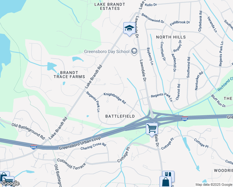 map of restaurants, bars, coffee shops, grocery stores, and more near 4607 Knightbridge Road in Greensboro