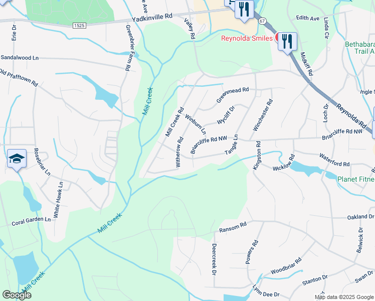 map of restaurants, bars, coffee shops, grocery stores, and more near 4261 Briarcliffe Road Northwest in Winston-Salem