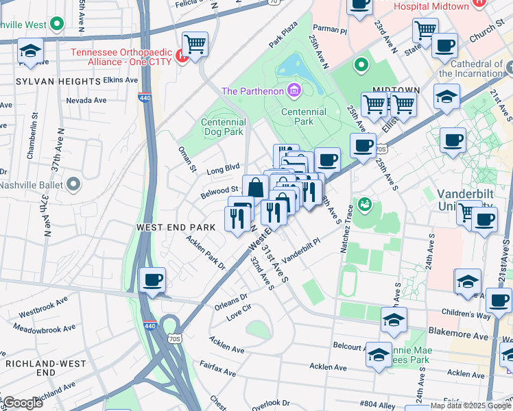 map of restaurants, bars, coffee shops, grocery stores, and more near 3014 Hedrick Street in Nashville