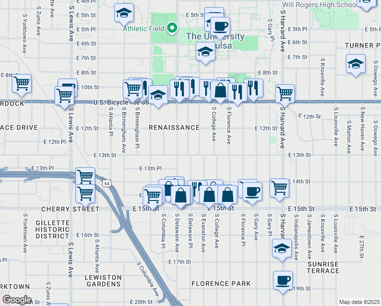 map of restaurants, bars, coffee shops, grocery stores, and more near 1241 East 13th Street in Tulsa