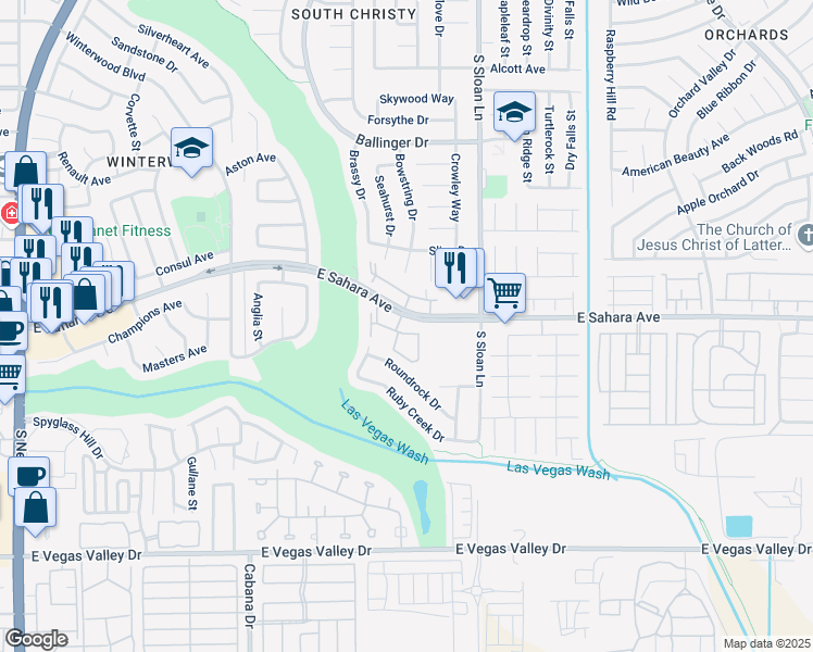 map of restaurants, bars, coffee shops, grocery stores, and more near 5655 East Sahara Avenue in Las Vegas