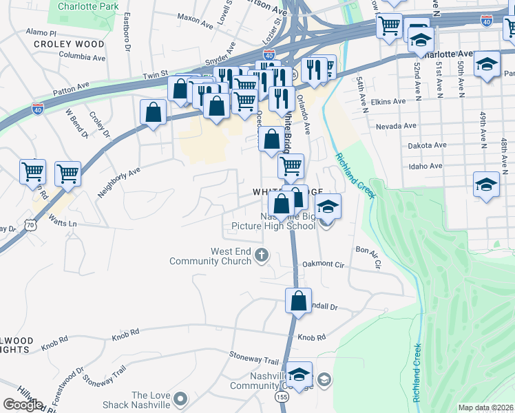 map of restaurants, bars, coffee shops, grocery stores, and more near 5707 Maudina Avenue in Nashville