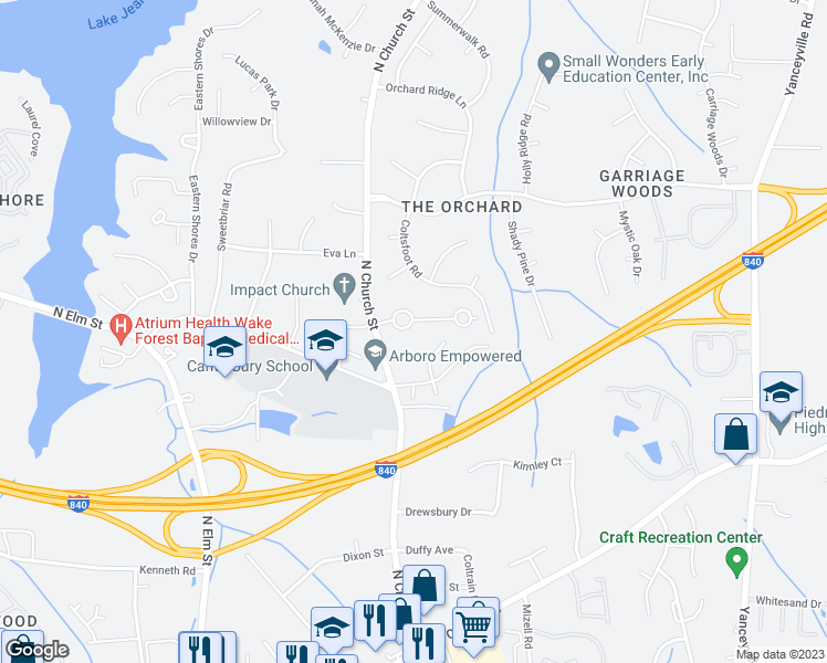 map of restaurants, bars, coffee shops, grocery stores, and more near 112 Arcaro Drive in Greensboro