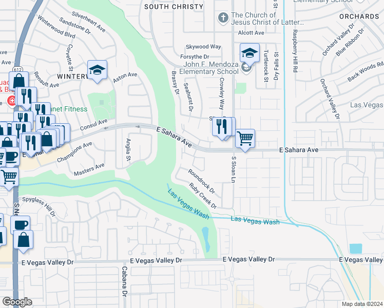 map of restaurants, bars, coffee shops, grocery stores, and more near 5655 East Sahara Avenue in Las Vegas