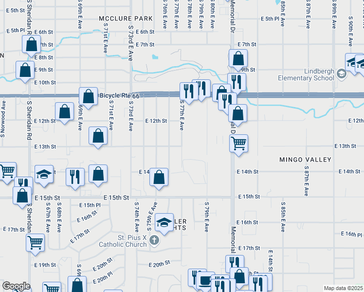 map of restaurants, bars, coffee shops, grocery stores, and more near East 13th Street in Tulsa