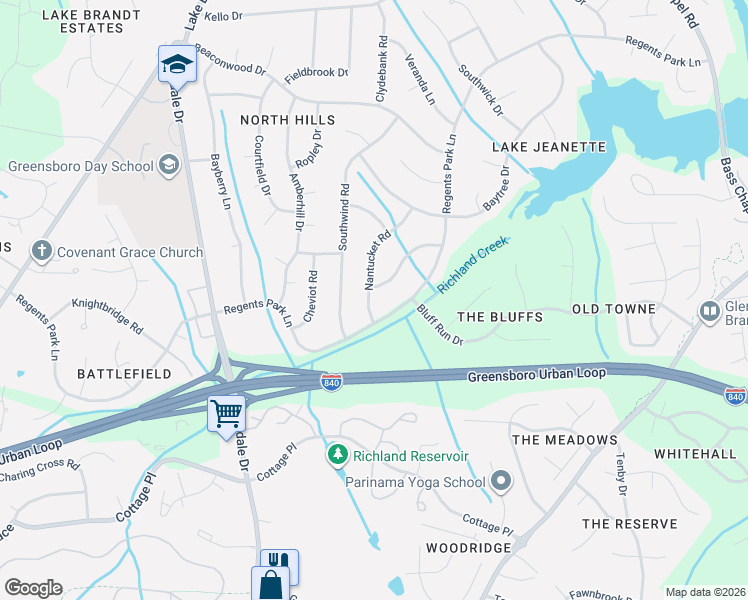 map of restaurants, bars, coffee shops, grocery stores, and more near 2508 Regents Park Lane in Greensboro