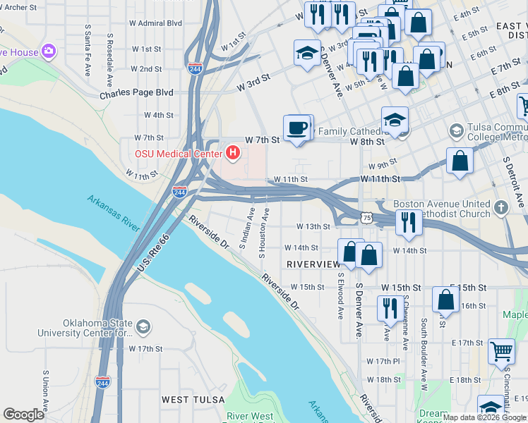 map of restaurants, bars, coffee shops, grocery stores, and more near 1216 South Houston Avenue in Tulsa