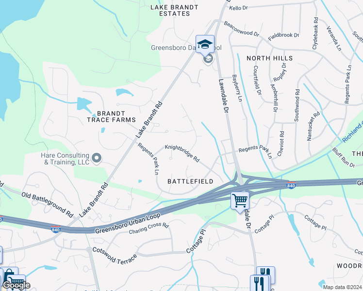 map of restaurants, bars, coffee shops, grocery stores, and more near 4605 Knightbridge Road in Greensboro