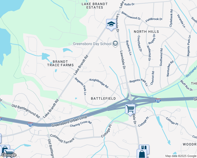 map of restaurants, bars, coffee shops, grocery stores, and more near 4605 Knightbridge Road in Greensboro