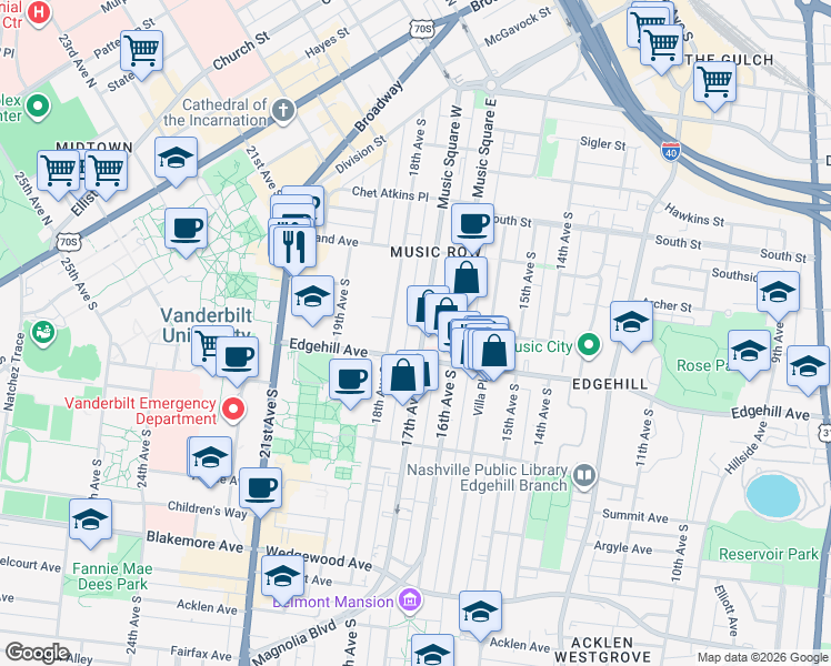 map of restaurants, bars, coffee shops, grocery stores, and more near in Nashville