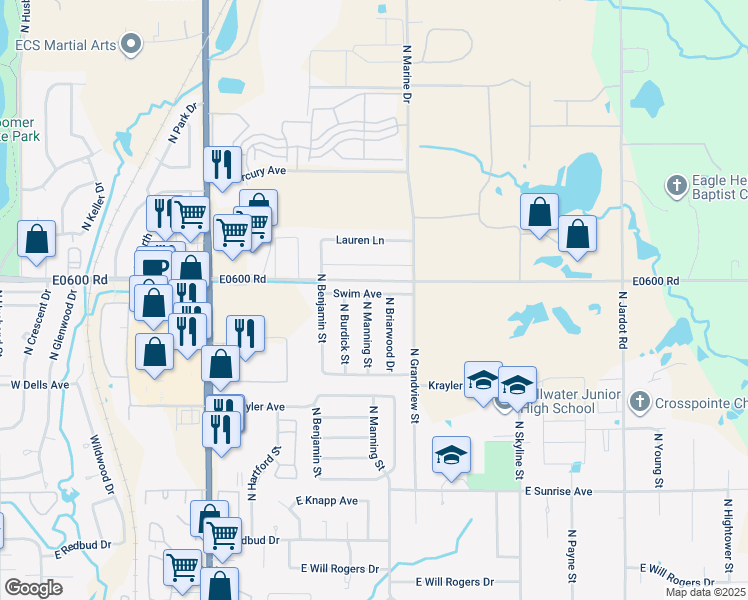 map of restaurants, bars, coffee shops, grocery stores, and more near 2215 North Manning Street in Stillwater