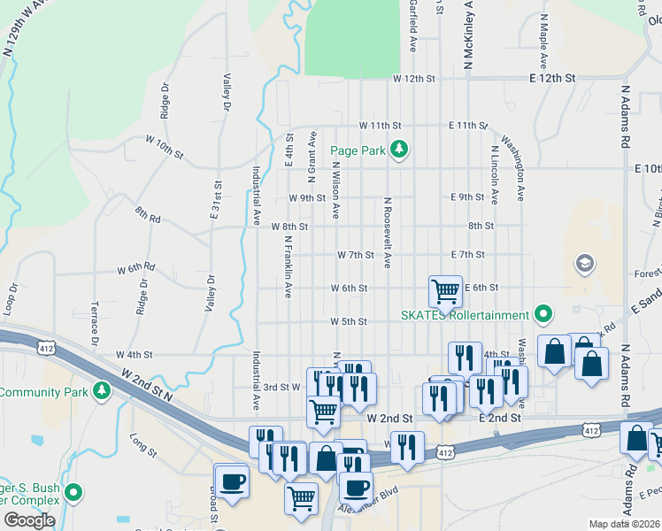 map of restaurants, bars, coffee shops, grocery stores, and more near 608 North Wilson Avenue in Sand Springs