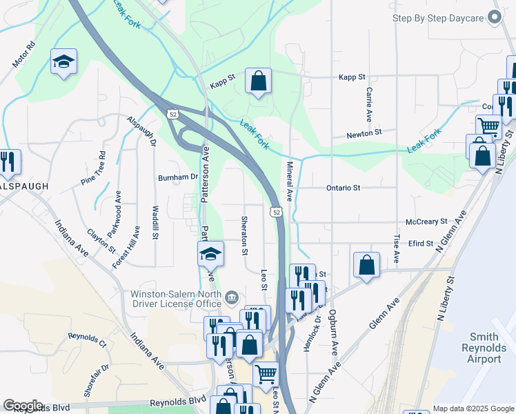 map of restaurants, bars, coffee shops, grocery stores, and more near 4040 Leo Street in Winston-Salem