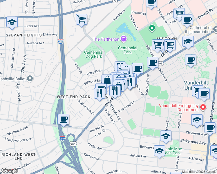 map of restaurants, bars, coffee shops, grocery stores, and more near 3014 Hedrick Street in Nashville