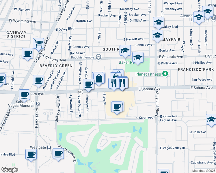map of restaurants, bars, coffee shops, grocery stores, and more near 770 East Sahara Avenue in Las Vegas