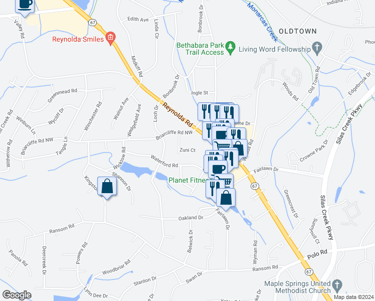 map of restaurants, bars, coffee shops, grocery stores, and more near Zuni Court in Winston-Salem