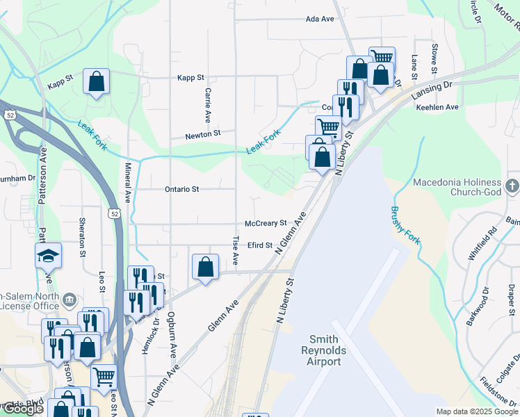 map of restaurants, bars, coffee shops, grocery stores, and more near 819 McCreary Street in Winston-Salem