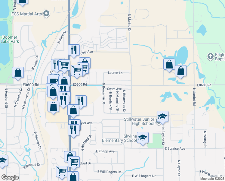 map of restaurants, bars, coffee shops, grocery stores, and more near 2207 North Burdick Street in Stillwater