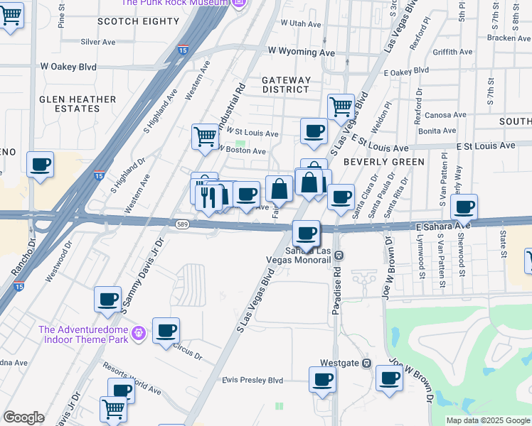map of restaurants, bars, coffee shops, grocery stores, and more near 130 West Sahara Avenue in Las Vegas