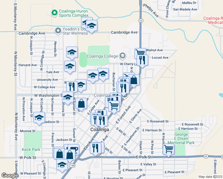 map of restaurants, bars, coffee shops, grocery stores, and more near 109 Buchanan Street in Coalinga
