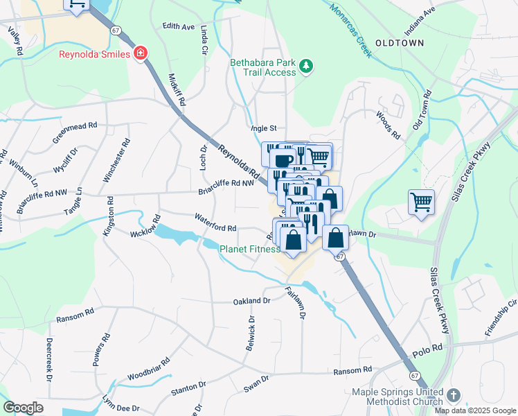 map of restaurants, bars, coffee shops, grocery stores, and more near Zuni Court in Winston-Salem