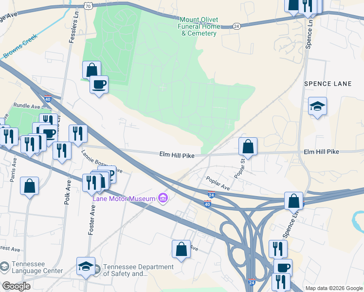 map of restaurants, bars, coffee shops, grocery stores, and more near 1106 Elm Hill Pike in Nashville