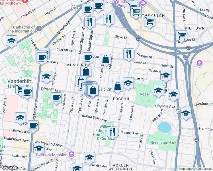 map of restaurants, bars, coffee shops, grocery stores, and more near 1307 Tremont Avenue in Nashville