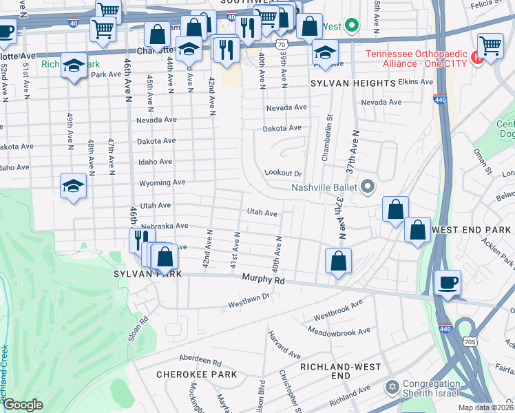 map of restaurants, bars, coffee shops, grocery stores, and more near 4009 Utah Avenue in Nashville