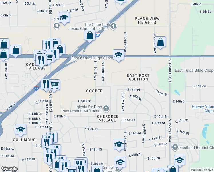map of restaurants, bars, coffee shops, grocery stores, and more near 1312 South 121st East Avenue in Tulsa