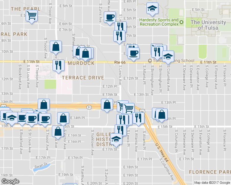 map of restaurants, bars, coffee shops, grocery stores, and more near 1301 Terrace Drive in Tulsa