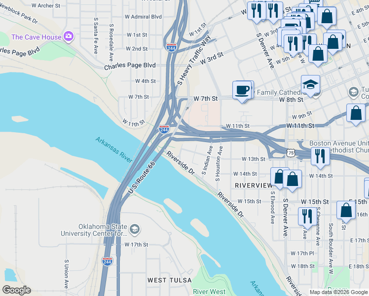 map of restaurants, bars, coffee shops, grocery stores, and more near 1303 South Lawton Avenue in Tulsa