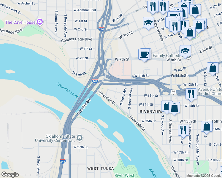 map of restaurants, bars, coffee shops, grocery stores, and more near 1219 South Lawton Avenue in Tulsa