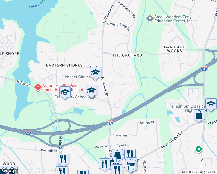map of restaurants, bars, coffee shops, grocery stores, and more near 1 Wimbledon Lane in Greensboro