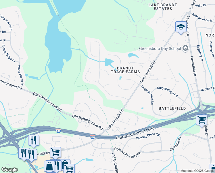 map of restaurants, bars, coffee shops, grocery stores, and more near 2424 Quaker Landing Road in Greensboro