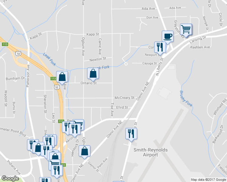map of restaurants, bars, coffee shops, grocery stores, and more near 4121 Tise Avenue in Winston-Salem