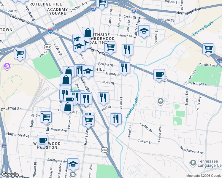 map of restaurants, bars, coffee shops, grocery stores, and more near 57 Shepard Street in Nashville