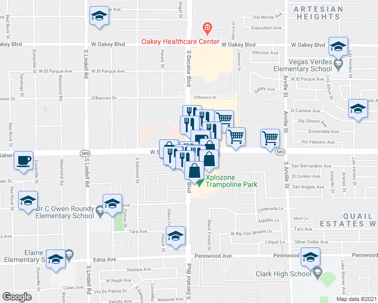 map of restaurants, bars, coffee shops, grocery stores, and more near W Sahara Ave & S Decatur Blvd in Las Vegas