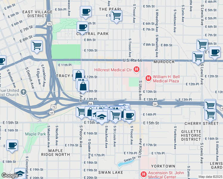 map of restaurants, bars, coffee shops, grocery stores, and more near 1524 East 13th Street in Tulsa