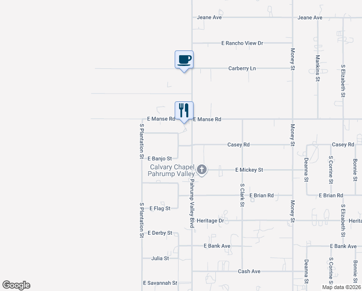 map of restaurants, bars, coffee shops, grocery stores, and more near East Casey Road in Pahrump