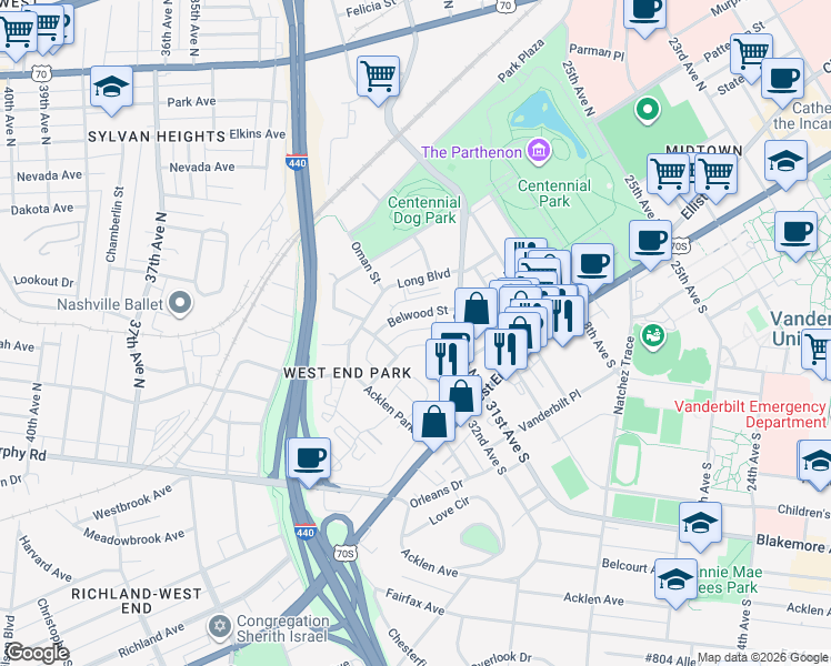 map of restaurants, bars, coffee shops, grocery stores, and more near 3114 West End Circle in Nashville