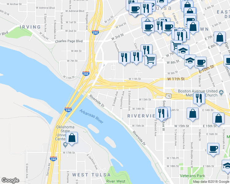 map of restaurants, bars, coffee shops, grocery stores, and more near 1212 South Indian Avenue in Tulsa