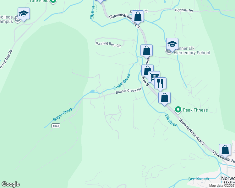 map of restaurants, bars, coffee shops, grocery stores, and more near 310 Banner Creek Road in Banner Elk
