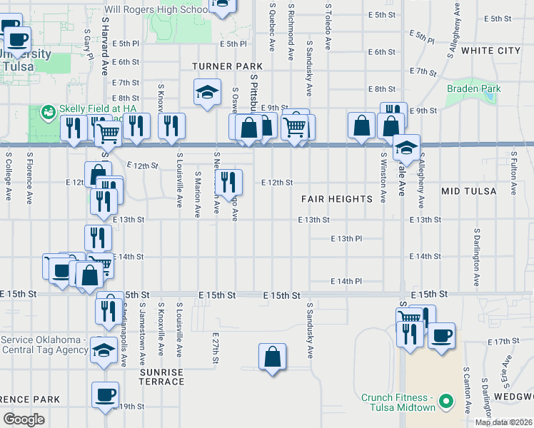 map of restaurants, bars, coffee shops, grocery stores, and more near 1303 South Pittsburg Avenue in Tulsa