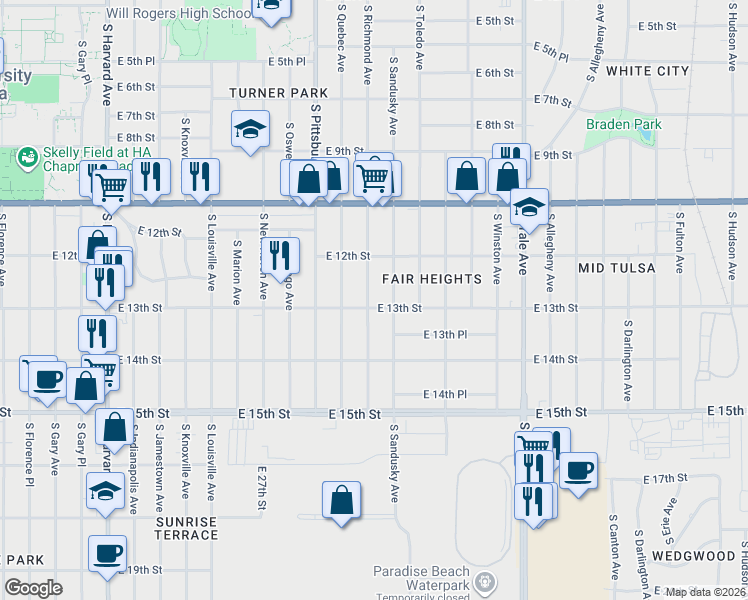 map of restaurants, bars, coffee shops, grocery stores, and more near 1304 South Richmond Avenue in Tulsa