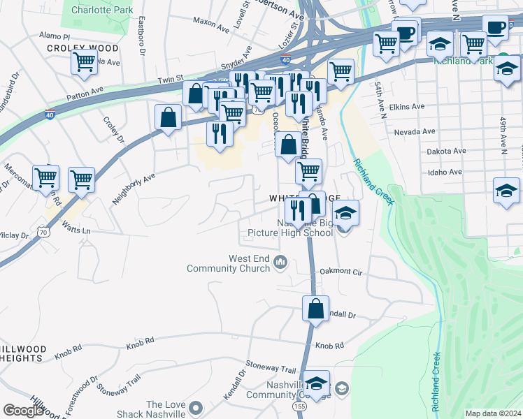 map of restaurants, bars, coffee shops, grocery stores, and more near 200 Bellmore Avenue in Nashville
