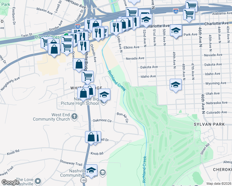 map of restaurants, bars, coffee shops, grocery stores, and more near 5637 Meadowcrest Lane in Nashville