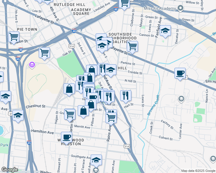 map of restaurants, bars, coffee shops, grocery stores, and more near 1219 2nd Avenue South in Nashville