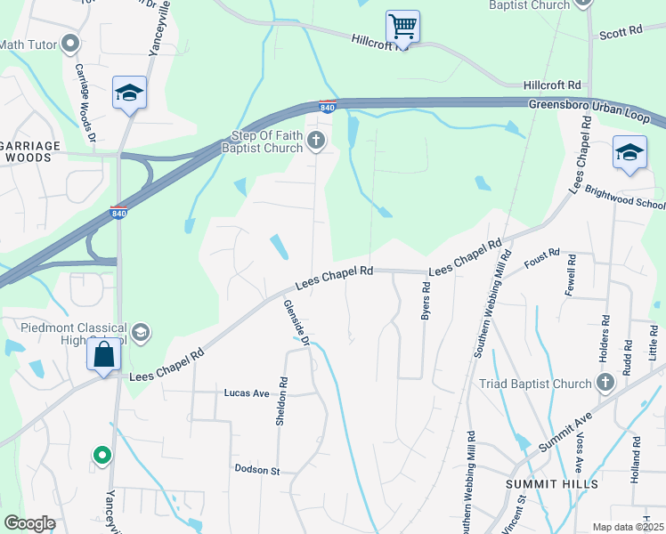 map of restaurants, bars, coffee shops, grocery stores, and more near 1907 Lees Chapel Road in Greensboro