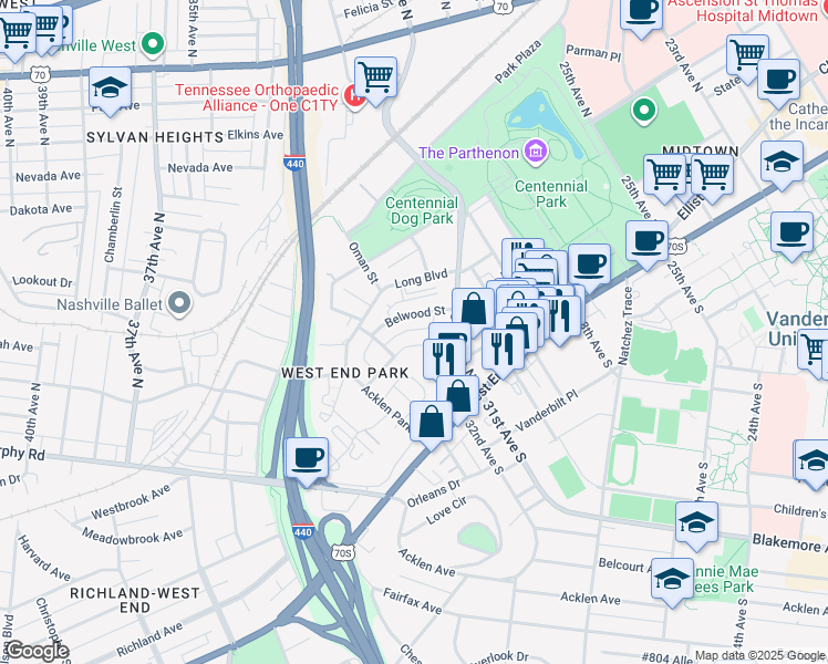 map of restaurants, bars, coffee shops, grocery stores, and more near 3114 West End Circle in Nashville