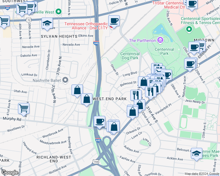 map of restaurants, bars, coffee shops, grocery stores, and more near 3203 Long Boulevard in Nashville